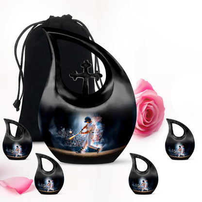 Glossy Black Baseball Cremation Urn urn with complimentary velvet bag - cross and baseball combined in spiritual memorial design - memorial set with one large and four small urns