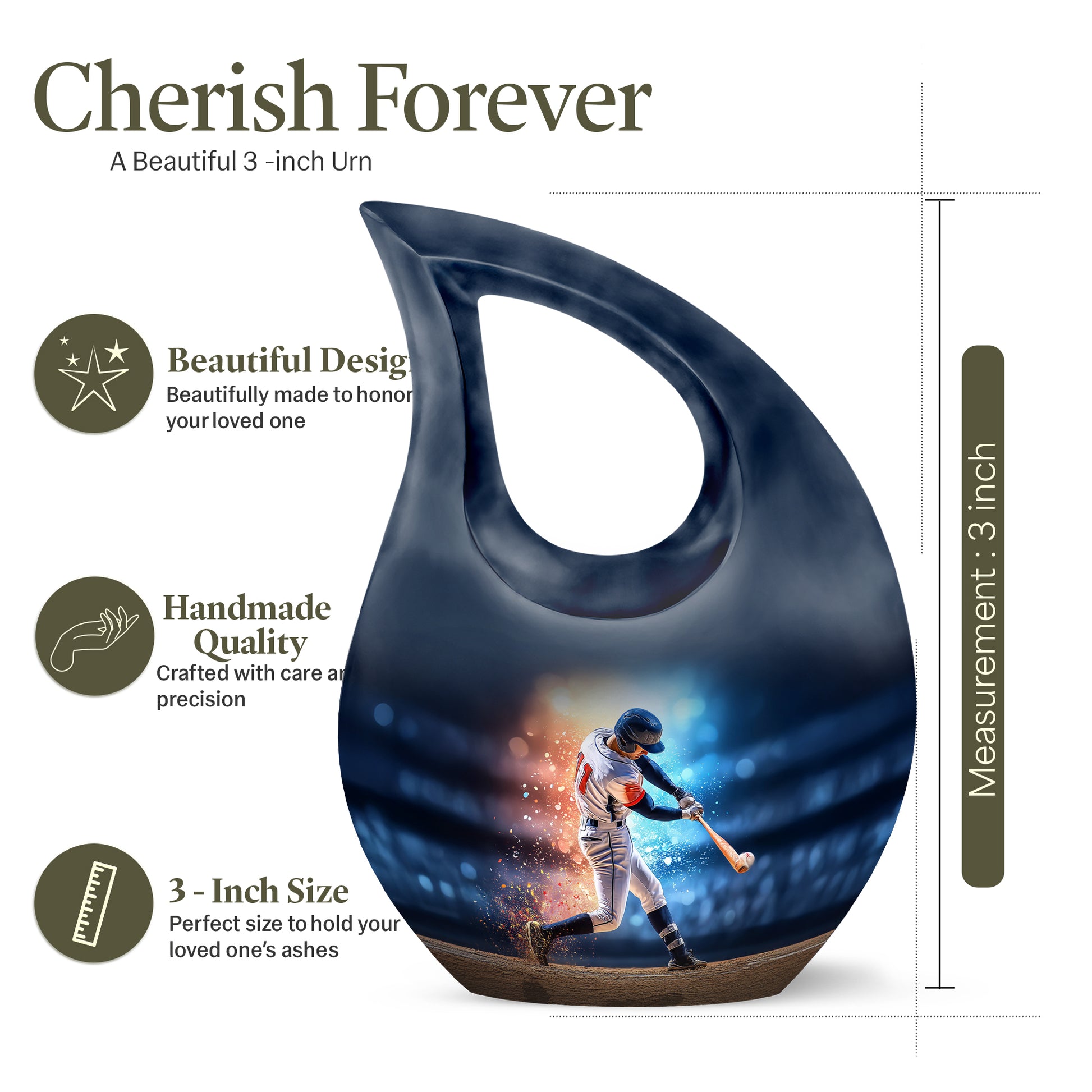 Dusty Blue Baseball Cremation Urn back view with polished surface - cross and baseball combined in spiritual memorial design - mini keepsake memorial for portion of cremation ashes