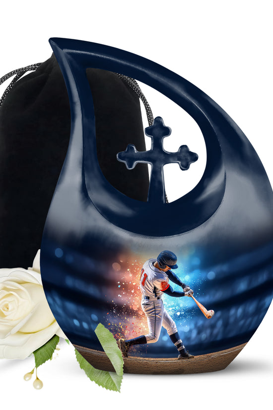 Twilight Blue Baseball Cremation Urn top-down view of secure threaded lid - devotional cross-drop baseball engraving - full-size 10 inch 200 cubic inch adult cremation urn
