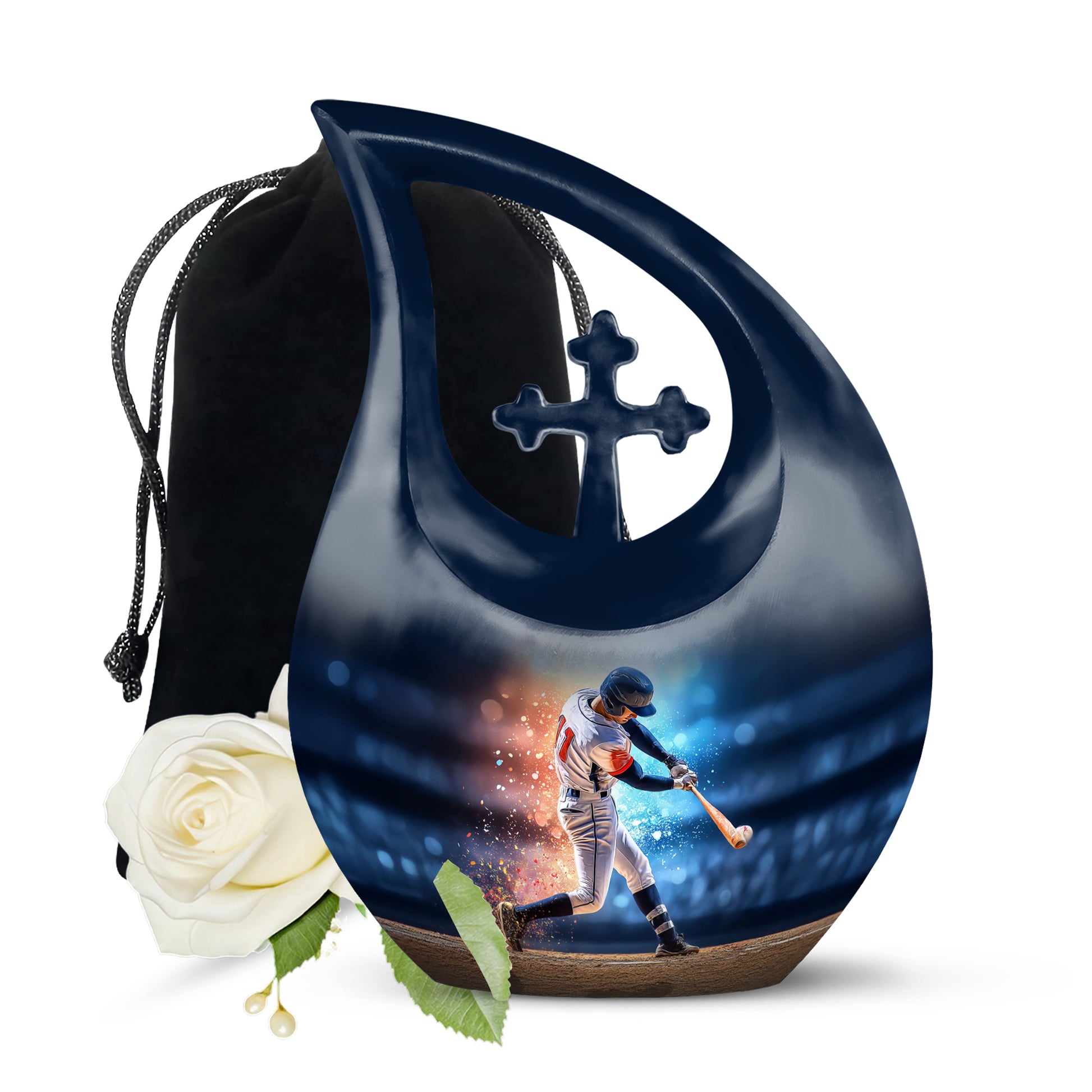 Twilight Blue Baseball Cremation Urn top-down view of secure threaded lid - devotional cross-drop baseball engraving - full-size 10 inch 200 cubic inch adult cremation urn