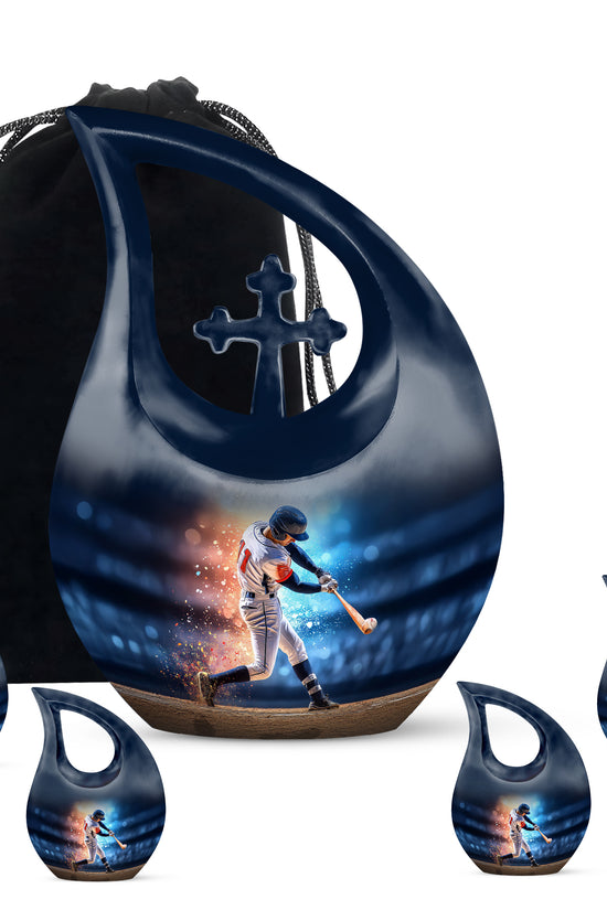 Vivid Blue Baseball Cremation Urn urn with complimentary velvet bag - faith-inspired cross-drop urn with baseball pattern - memorial set with one large and four small urns