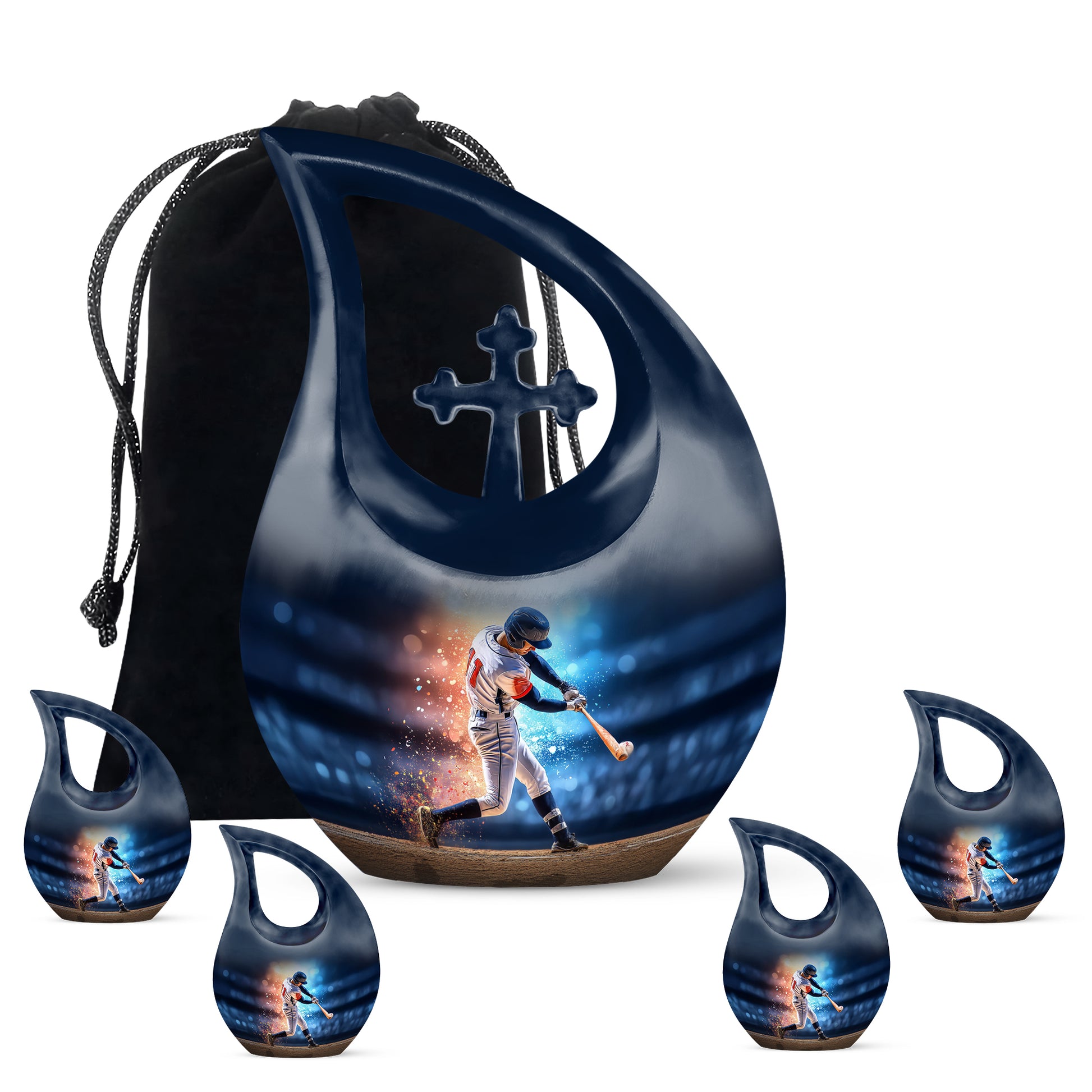 Vivid Blue Baseball Cremation Urn urn with complimentary velvet bag - faith-inspired cross-drop urn with baseball pattern - memorial set with one large and four small urns