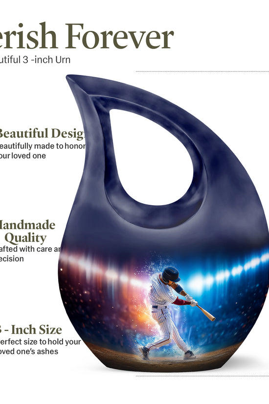 Obsidian Black Baseball Cremation Urn back view with polished surface - faith-inspired cross-drop urn with baseball pattern - mini keepsake memorial for portion of cremation ashes
