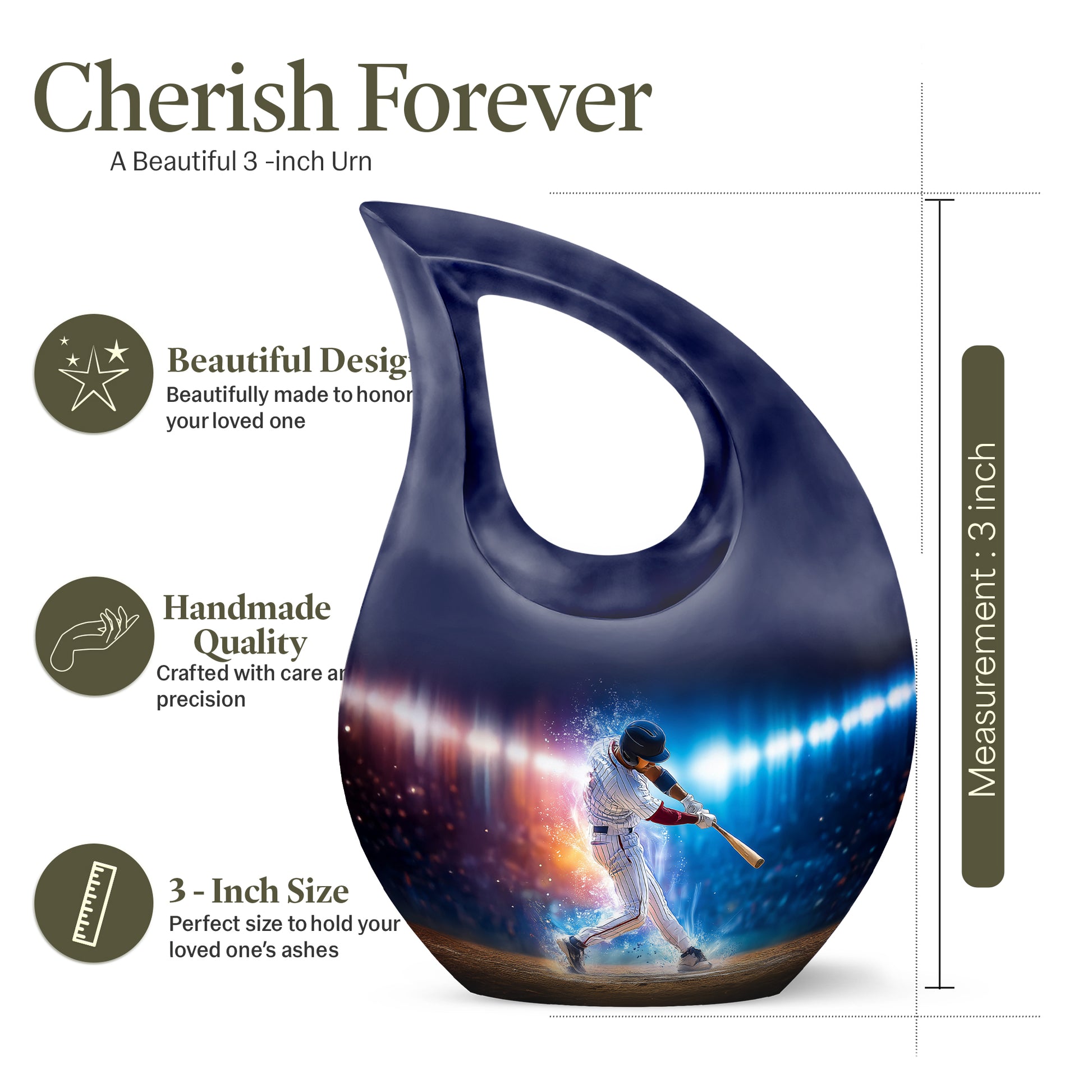 Obsidian Black Baseball Cremation Urn back view with polished surface - faith-inspired cross-drop urn with baseball pattern - mini keepsake memorial for portion of cremation ashes