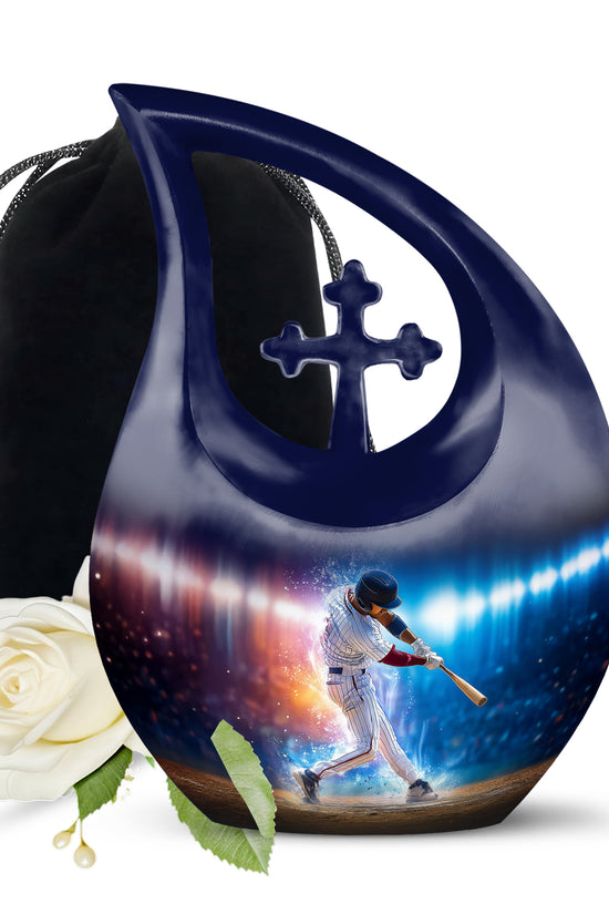 Ebony Baseball Cremation Urn top-down view of secure threaded lid - sacred cross merged with baseball motif on metal - full-size 10 inch 200 cubic inch adult cremation urn