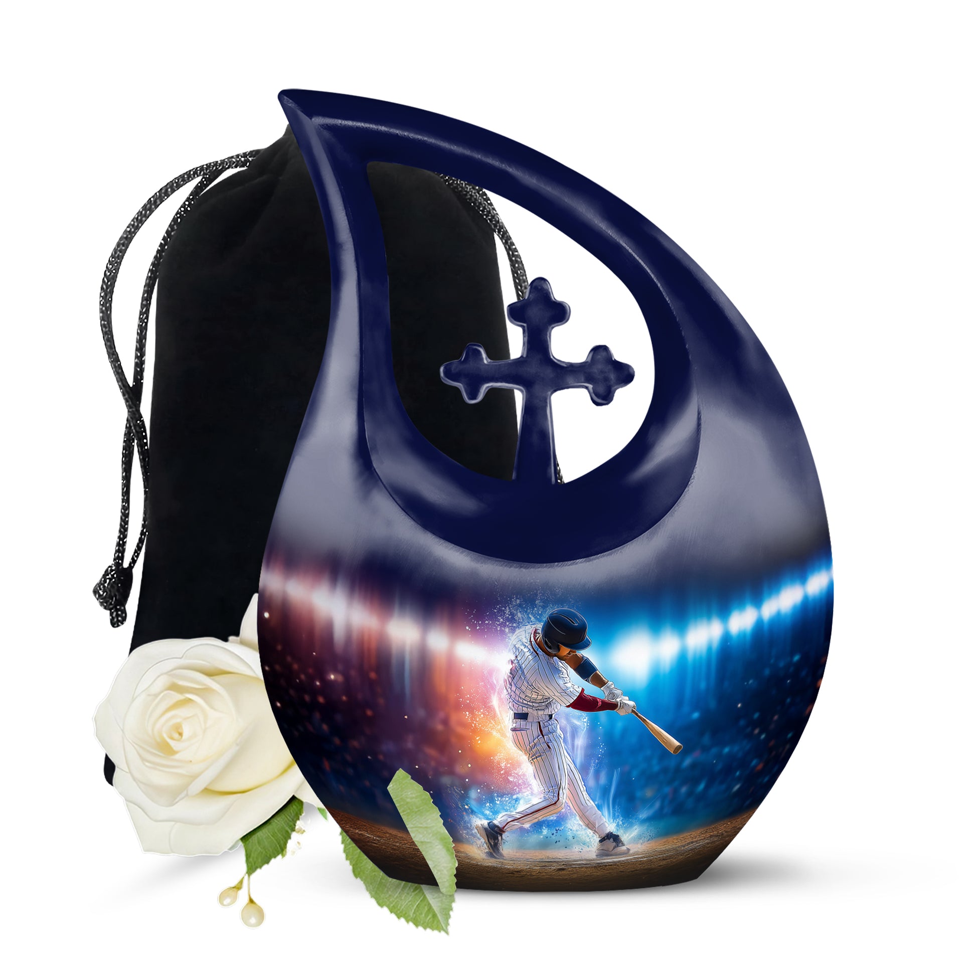 Ebony Baseball Cremation Urn top-down view of secure threaded lid - sacred cross merged with baseball motif on metal - full-size 10 inch 200 cubic inch adult cremation urn