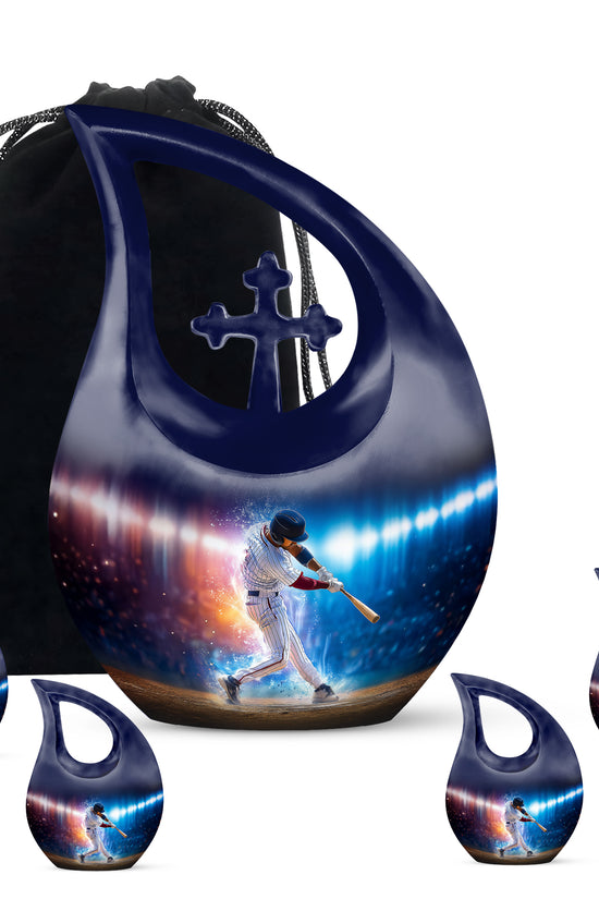 Jet Black Baseball Cremation Urn urn with complimentary velvet bag - cross and baseball combined in spiritual memorial design - memorial set with one large and four small urns
