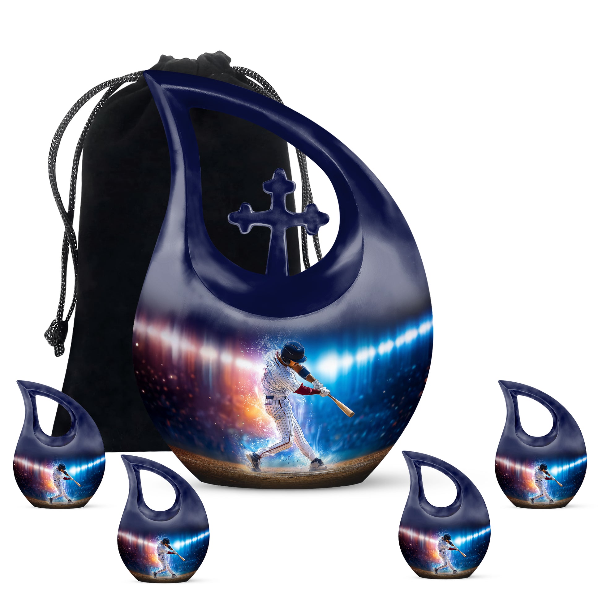 Jet Black Baseball Cremation Urn urn with complimentary velvet bag - cross and baseball combined in spiritual memorial design - memorial set with one large and four small urns