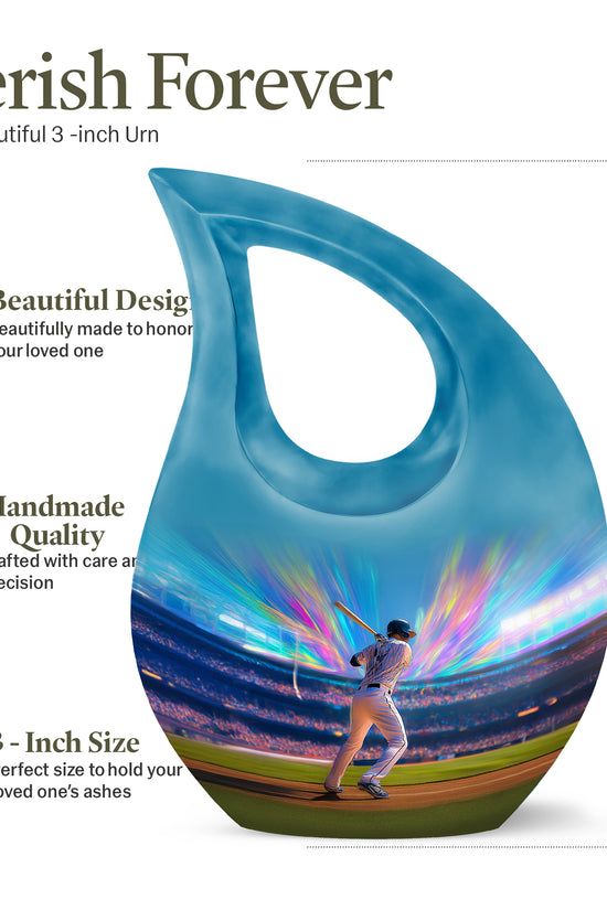 Serene Blue Baseball Cremation Urn back view with polished surface - faith-inspired cross-drop urn with baseball pattern - mini keepsake memorial for portion of cremation ashes