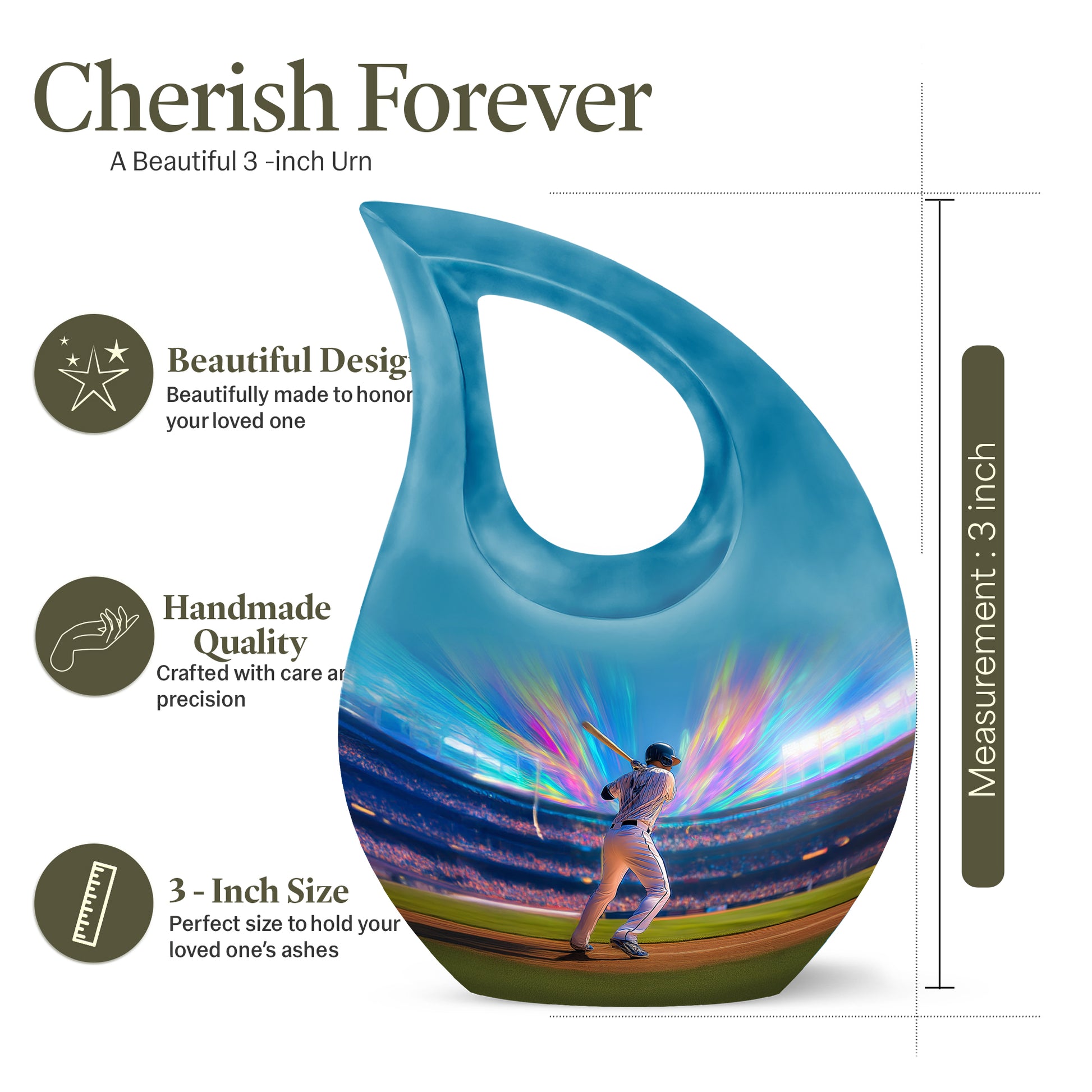 Serene Blue Baseball Cremation Urn back view with polished surface - faith-inspired cross-drop urn with baseball pattern - mini keepsake memorial for portion of cremation ashes
