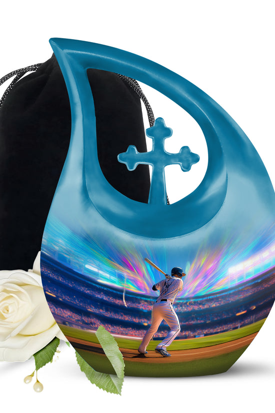 Bright Blue Baseball Cremation Urn top-down view of secure threaded lid - devotional cross-drop baseball engraving - full-size 10 inch 200 cubic inch adult cremation urn