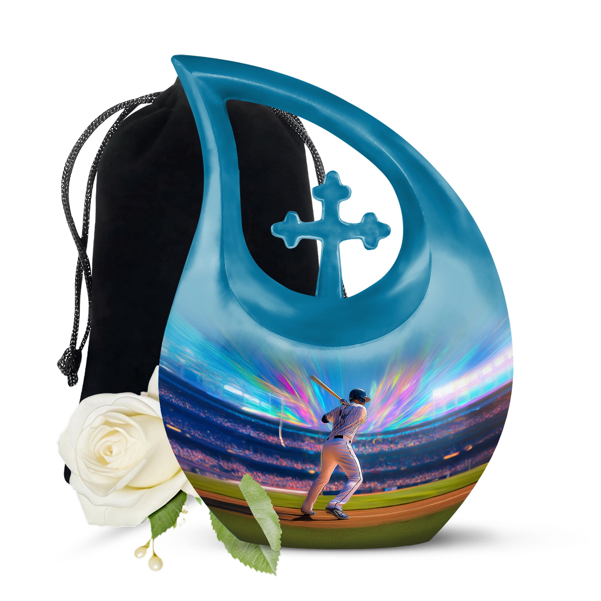Bright Blue Baseball Cremation Urn top-down view of secure threaded lid - devotional cross-drop baseball engraving - full-size 10 inch 200 cubic inch adult cremation urn