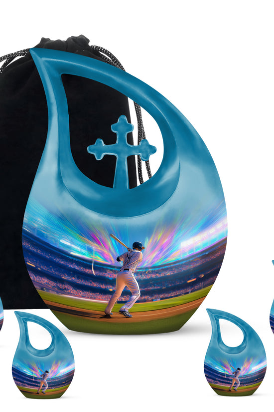 Navy Blue Baseball Cremation Urn urn with complimentary velvet bag - cross and baseball combined in spiritual memorial design - memorial set with one large and four small urns