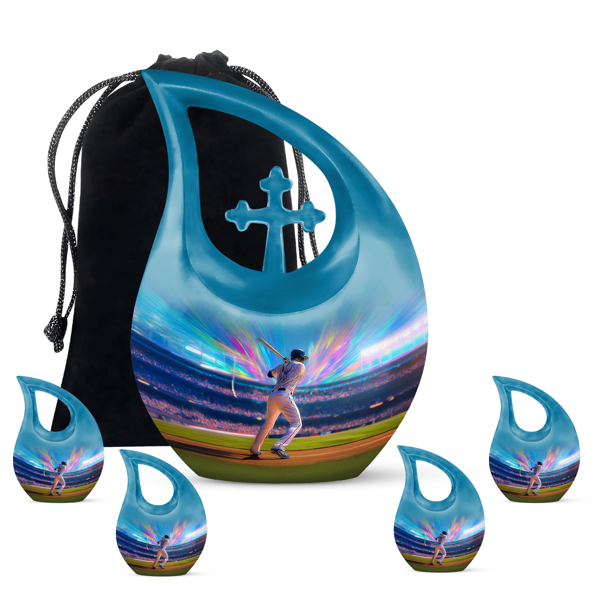 Navy Blue Baseball Cremation Urn urn with complimentary velvet bag - cross and baseball combined in spiritual memorial design - memorial set with one large and four small urns