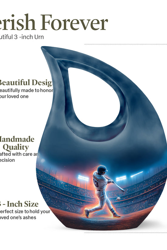 Pastel Blue Baseball Cremation Urn back view with polished surface - cross and baseball combined in spiritual memorial design - mini keepsake memorial for portion of cremation ashes