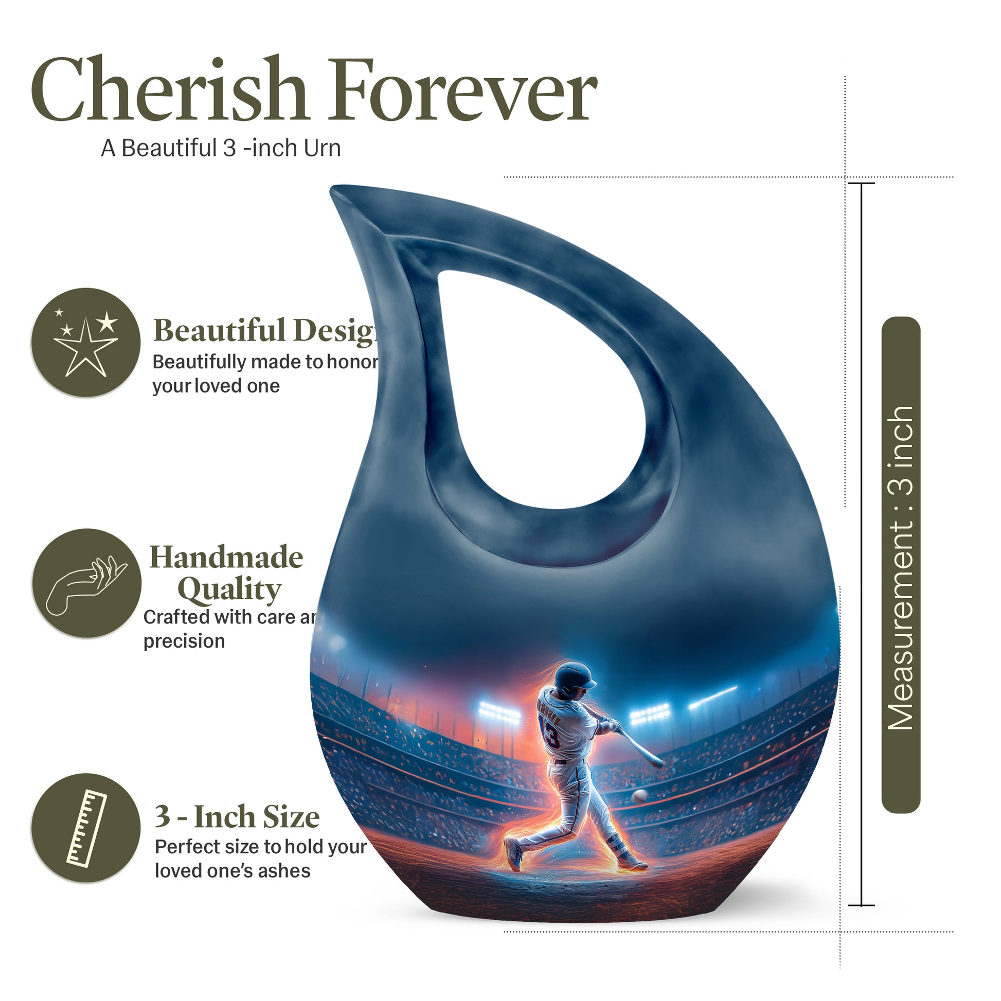 Pastel Blue Baseball Cremation Urn back view with polished surface - cross and baseball combined in spiritual memorial design - mini keepsake memorial for portion of cremation ashes