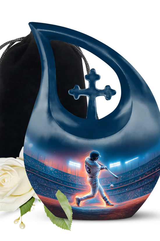 Icy Blue Baseball Cremation Urn top-down view of secure threaded lid - cross and baseball combined in spiritual memorial design - full-size 10 inch 200 cubic inch adult cremation urn