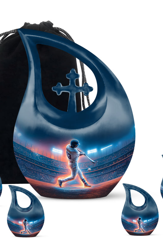Soft Blue Baseball Cremation Urn urn with complimentary velvet bag - faith-inspired cross-drop urn with baseball pattern - memorial set with one large and four small urns
