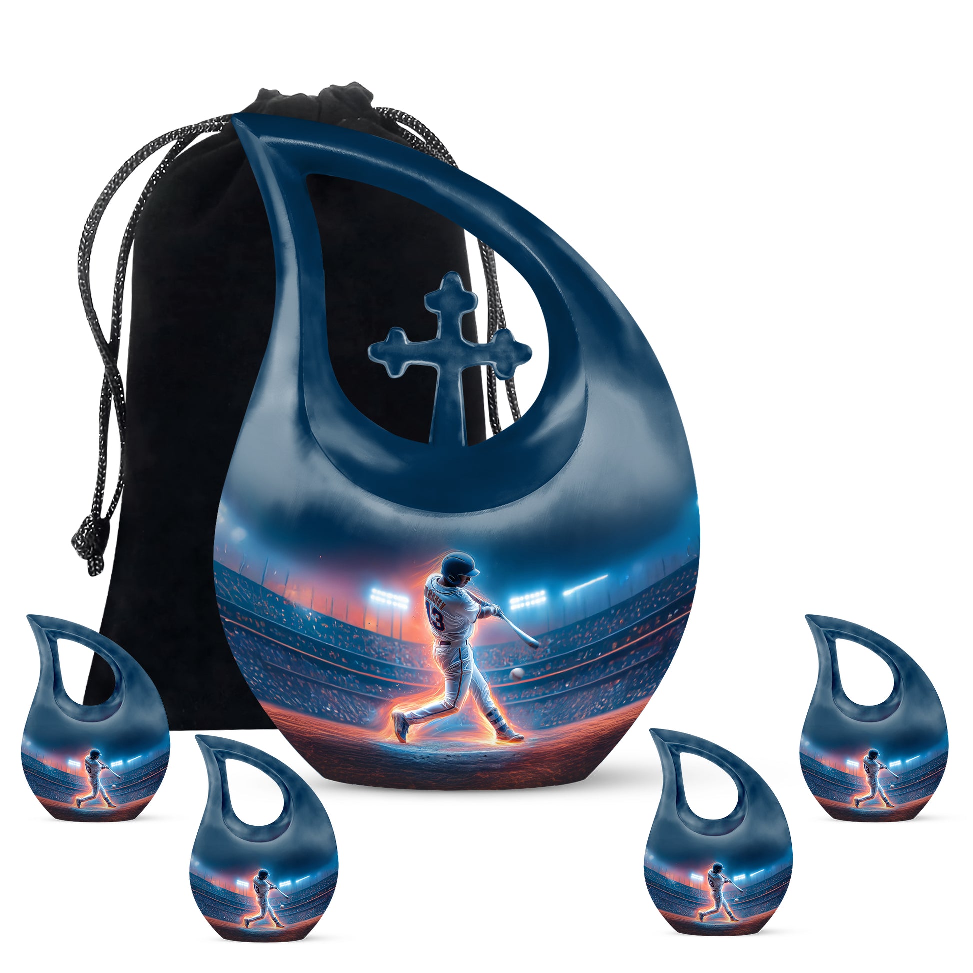 Soft Blue Baseball Cremation Urn urn with complimentary velvet bag - faith-inspired cross-drop urn with baseball pattern - memorial set with one large and four small urns