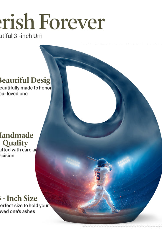 Vivid Blue Baseball Cremation Urn back view with polished surface - faith-inspired cross-drop urn with baseball pattern - mini keepsake memorial for portion of cremation ashes