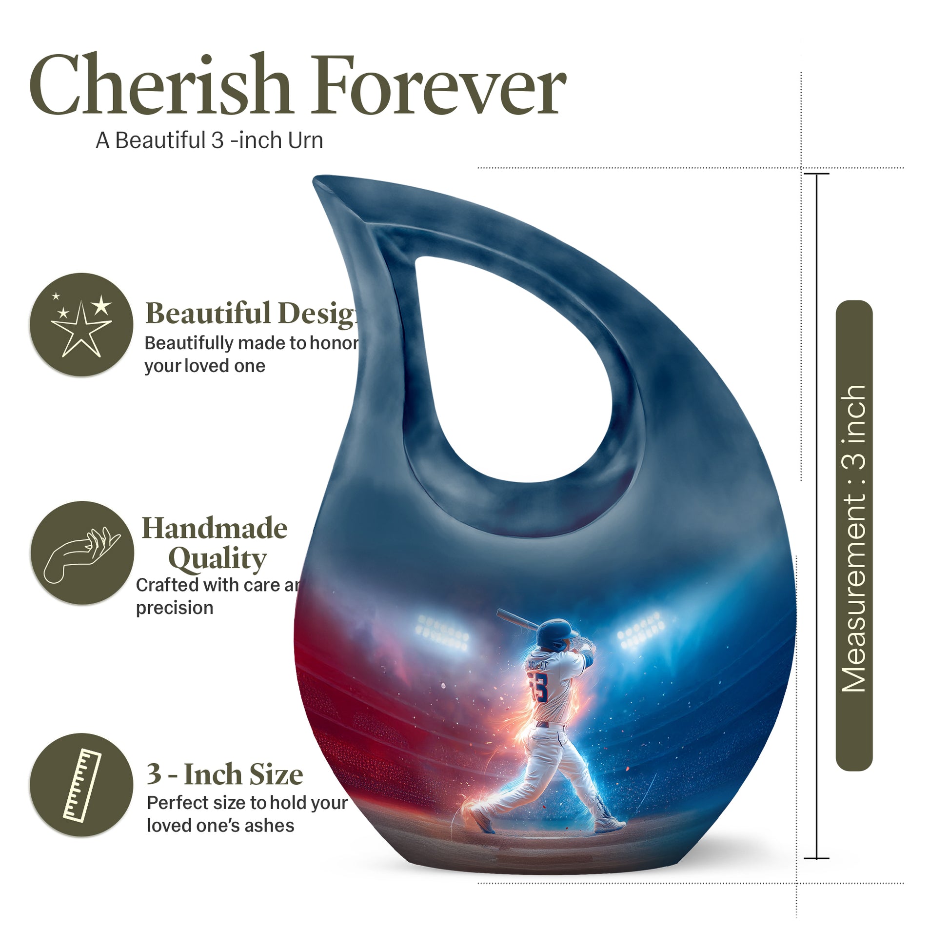 Vivid Blue Baseball Cremation Urn back view with polished surface - faith-inspired cross-drop urn with baseball pattern - mini keepsake memorial for portion of cremation ashes