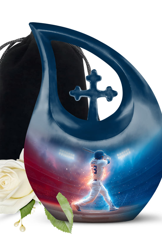 Indigo Baseball Cremation Urn top-down view of secure threaded lid - sacred cross merged with baseball motif on metal - full-size 10 inch 200 cubic inch adult cremation urn