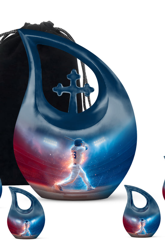 Azure Baseball Cremation Urn urn with complimentary velvet bag - cross and baseball combined in spiritual memorial design - memorial set with one large and four small urns