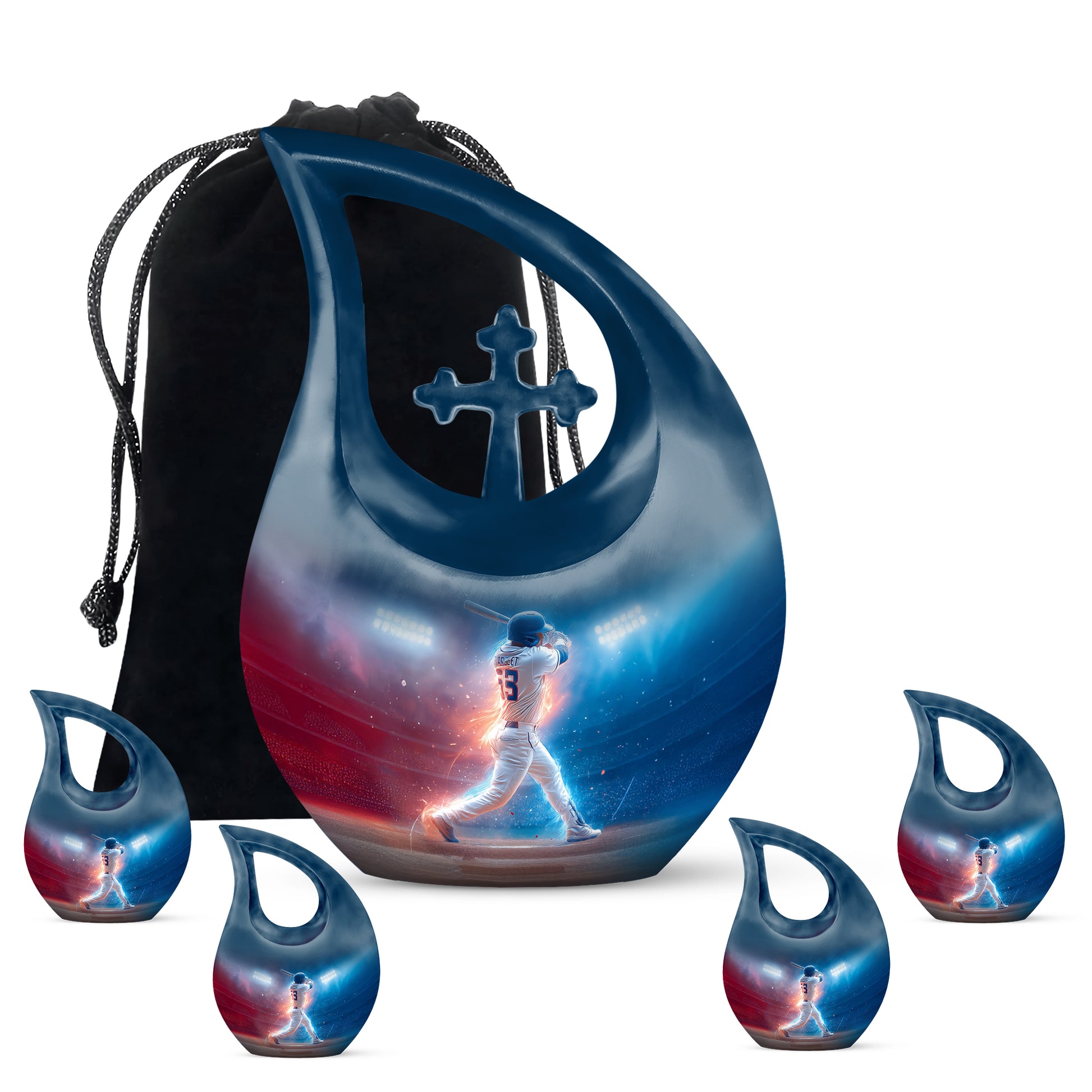 Azure Baseball Cremation Urn urn with complimentary velvet bag - cross and baseball combined in spiritual memorial design - memorial set with one large and four small urns