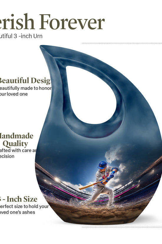 Twilight Blue Baseball Cremation Urn back view with polished surface - devotional cross-drop baseball engraving - mini keepsake memorial for portion of cremation ashes