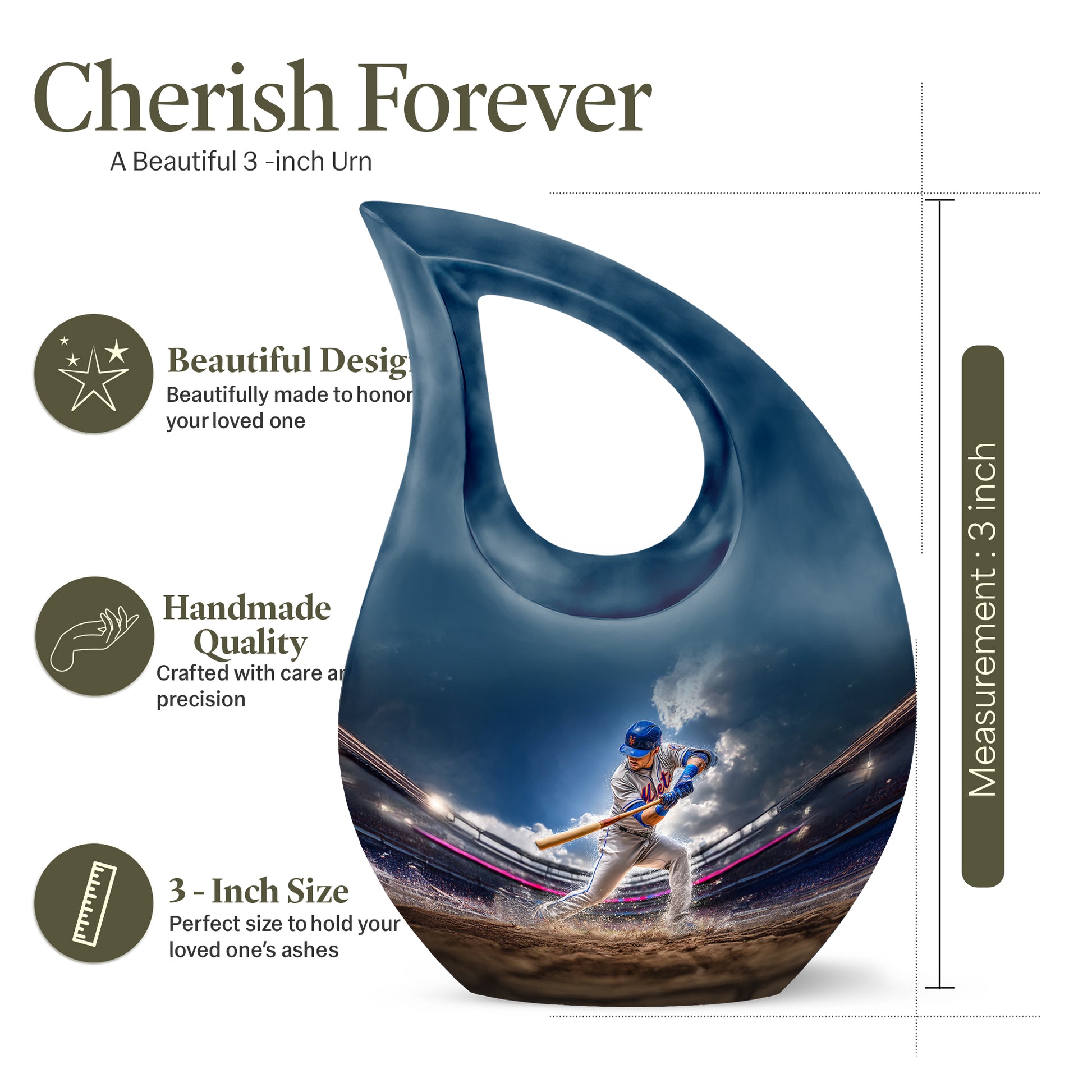 Twilight Blue Baseball Cremation Urn back view with polished surface - devotional cross-drop baseball engraving - mini keepsake memorial for portion of cremation ashes