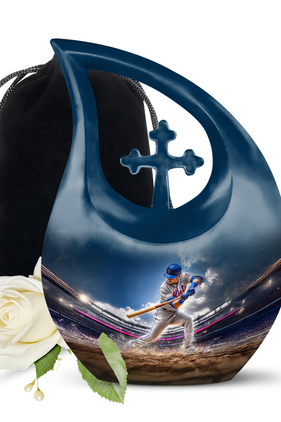 Indigo Baseball Cremation Urn top-down view of secure threaded lid - sacred cross merged with baseball motif on metal - full-size 10 inch 200 cubic inch adult cremation urn