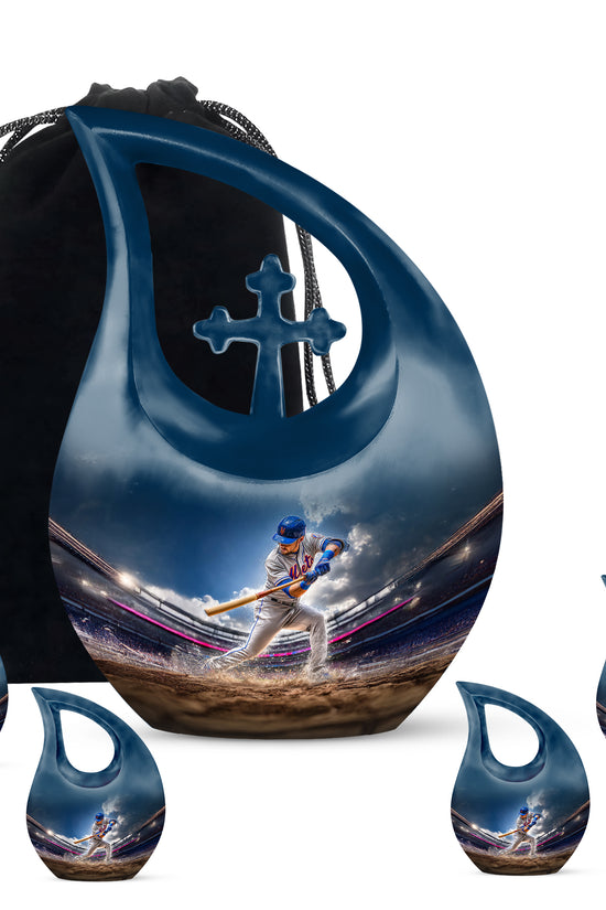 Royal Blue Baseball Cremation Urn urn with complimentary velvet bag - faith-inspired cross-drop urn with baseball pattern - memorial set with one large and four small urns