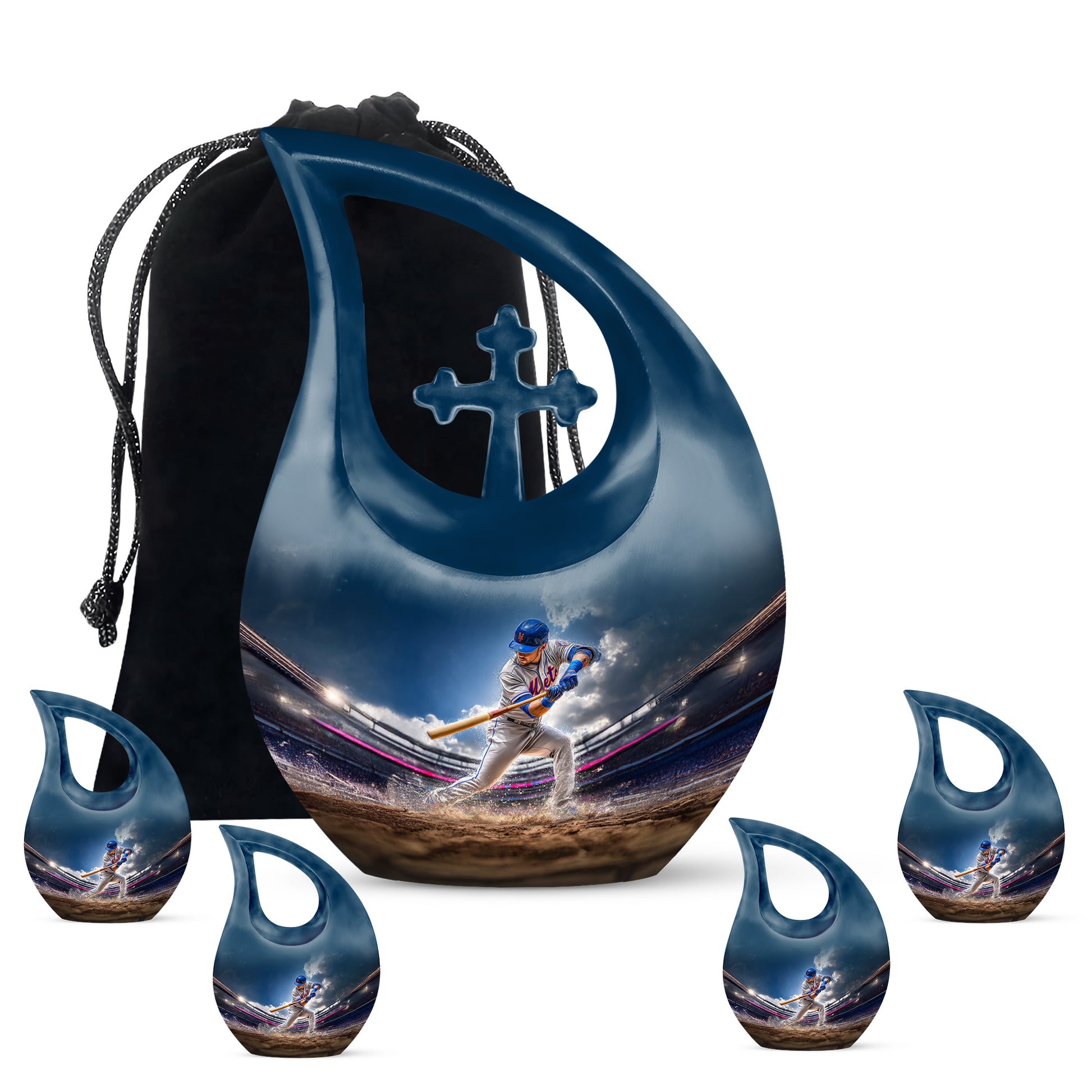 Royal Blue Baseball Cremation Urn urn with complimentary velvet bag - faith-inspired cross-drop urn with baseball pattern - memorial set with one large and four small urns