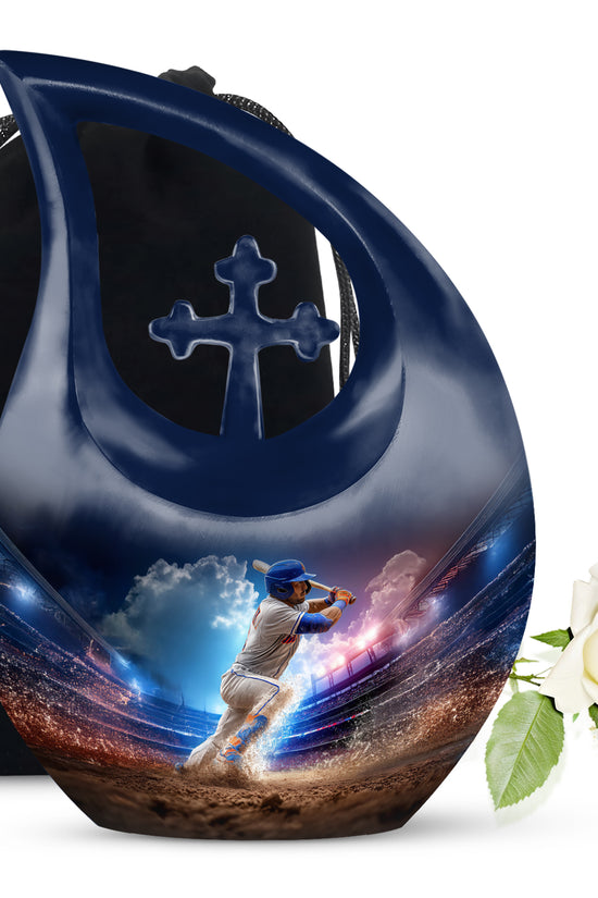 Vivid Blue Baseball Cremation Urn top-down view of secure threaded lid - faith-inspired cross-drop urn with baseball pattern - full-size 10 inch 200 cubic inch adult cremation urn