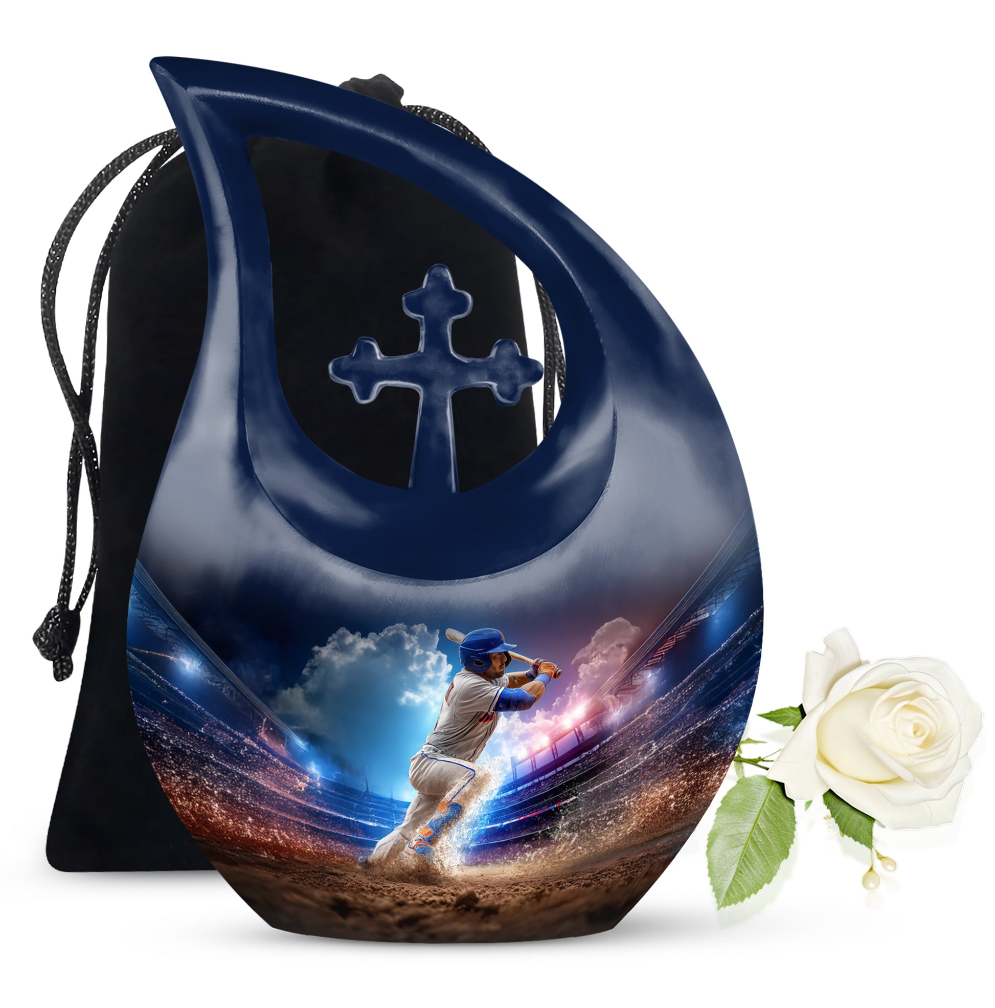 Vivid Blue Baseball Cremation Urn top-down view of secure threaded lid - faith-inspired cross-drop urn with baseball pattern - full-size 10 inch 200 cubic inch adult cremation urn
