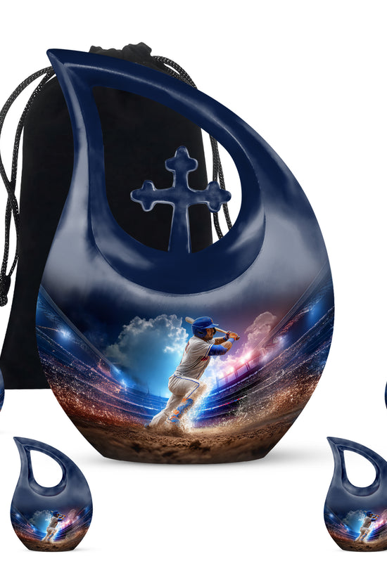 Serene Blue Baseball Cremation Urn urn with complimentary velvet bag - faith-inspired cross-drop urn with baseball pattern - memorial set with one large and four small urns