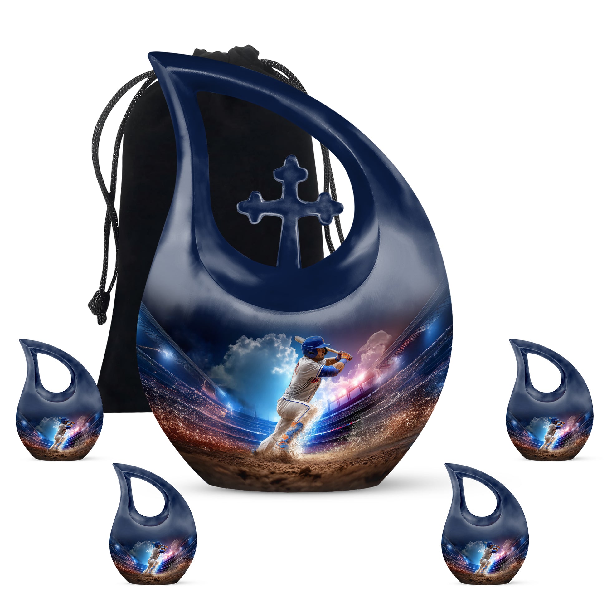 Serene Blue Baseball Cremation Urn urn with complimentary velvet bag - faith-inspired cross-drop urn with baseball pattern - memorial set with one large and four small urns