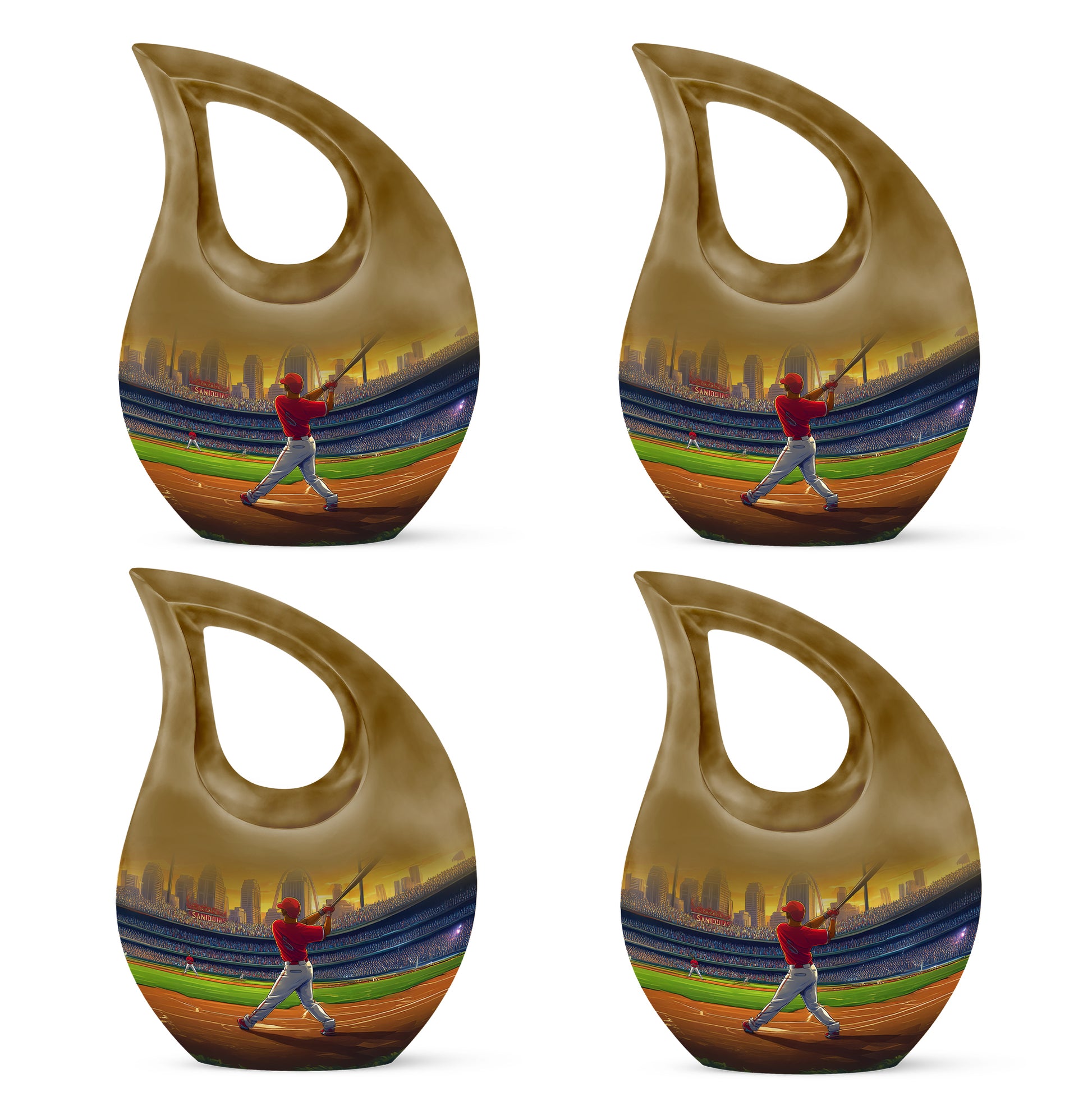 Gilded Gold Baseball Cremation Urn lifestyle display on memorial shelf - sacred cross merged with baseball motif on metal - 10 inch aluminum urn for cremated remains
