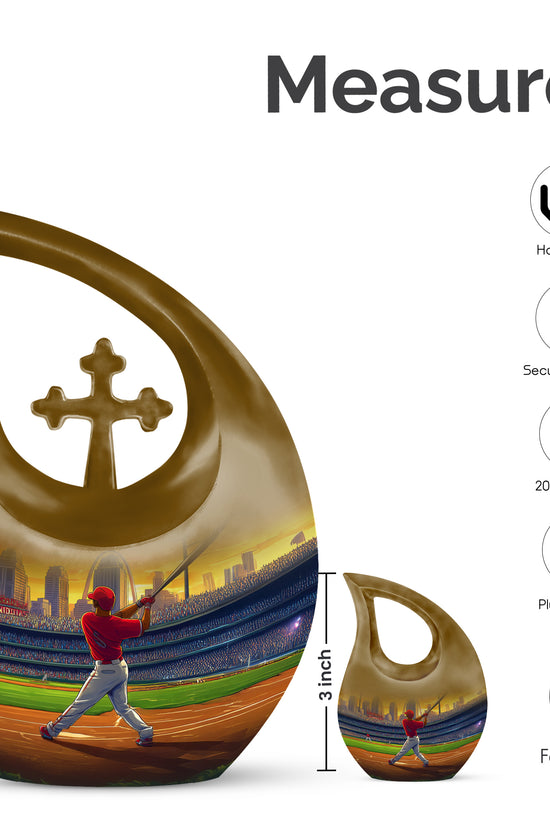 Sunrise Gold Baseball Cremation Urn back view with polished surface - sacred cross merged with baseball motif on metal - mini keepsake memorial for portion of cremation ashes