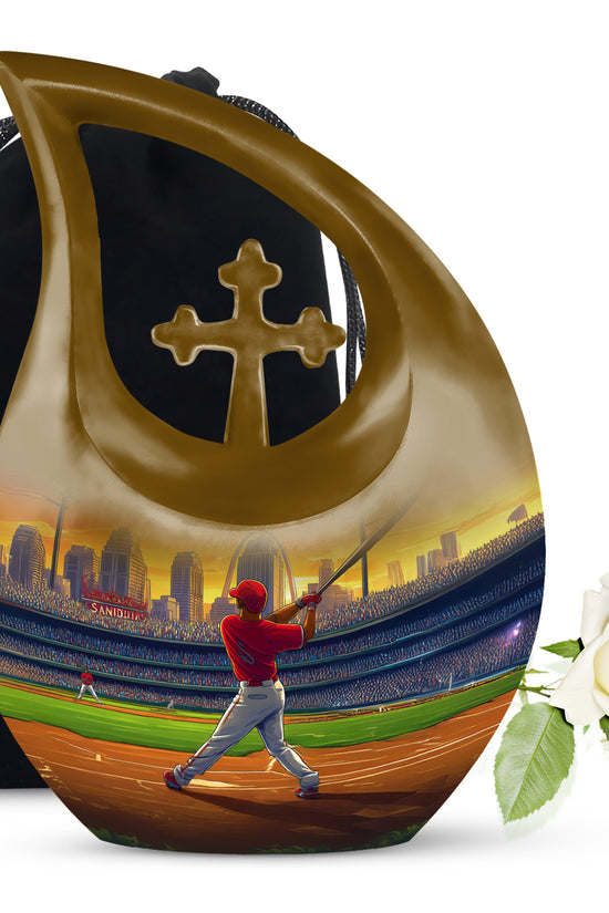 Matte Gold Baseball Cremation Urn top-down view of secure threaded lid - devotional cross-drop baseball engraving - full-size 10 inch 200 cubic inch adult cremation urn