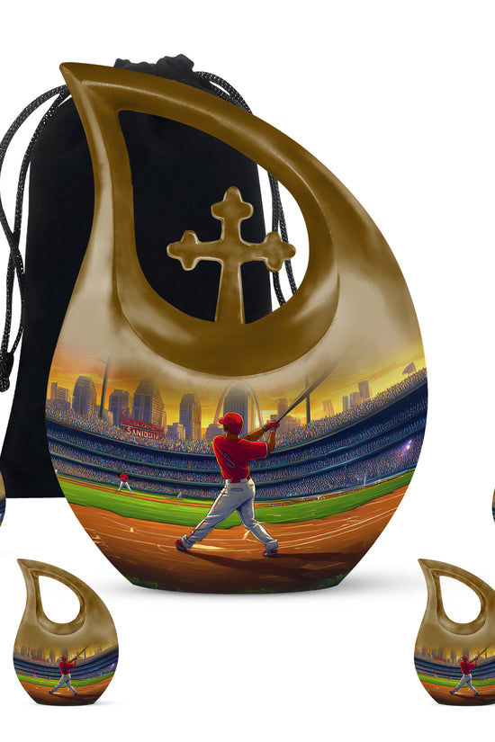Antique Gold Baseball Cremation Urn urn with complimentary velvet bag - sacred cross merged with baseball motif on metal - memorial set with one large and four small urns
