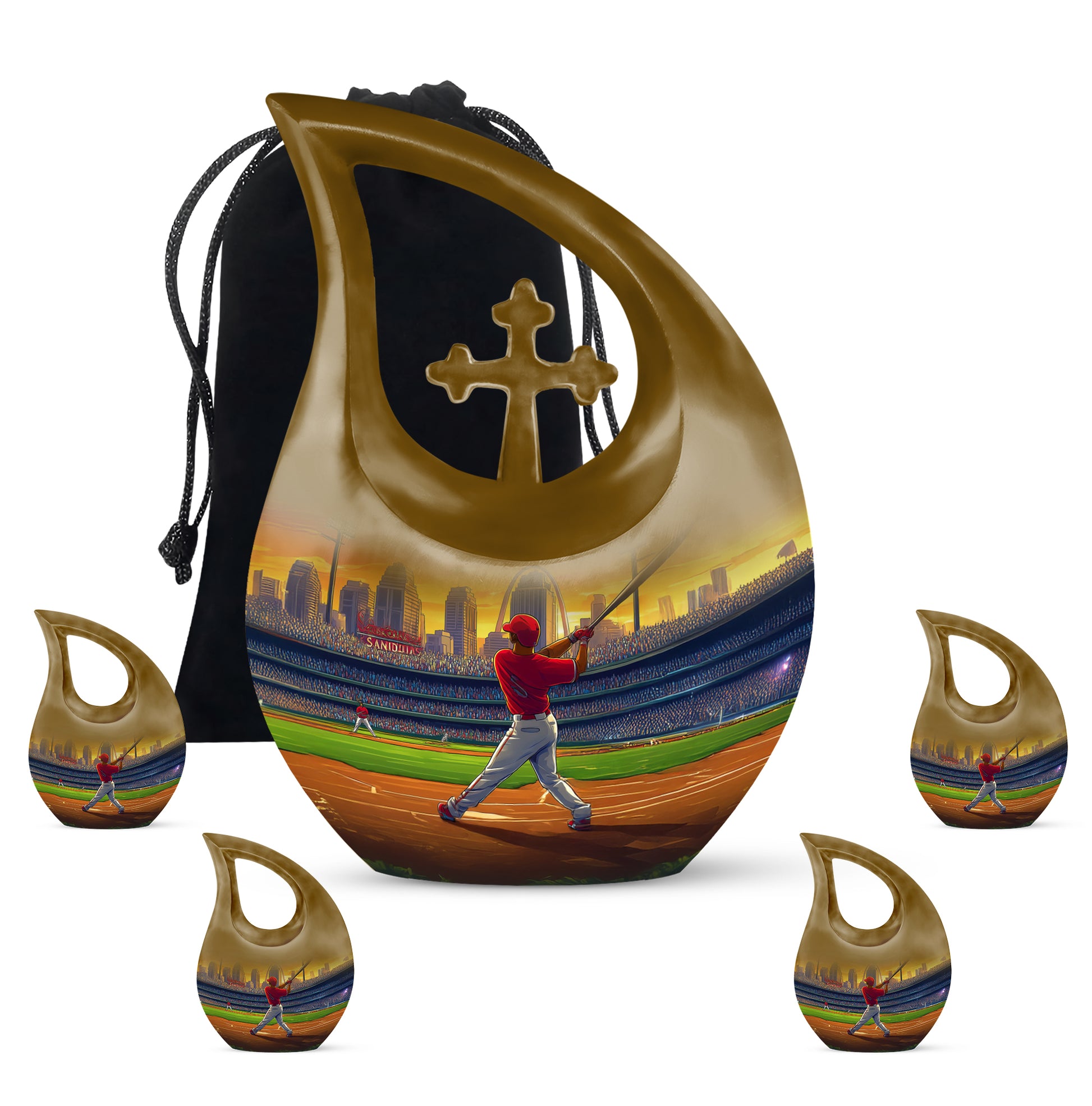Antique Gold Baseball Cremation Urn urn with complimentary velvet bag - sacred cross merged with baseball motif on metal - memorial set with one large and four small urns
