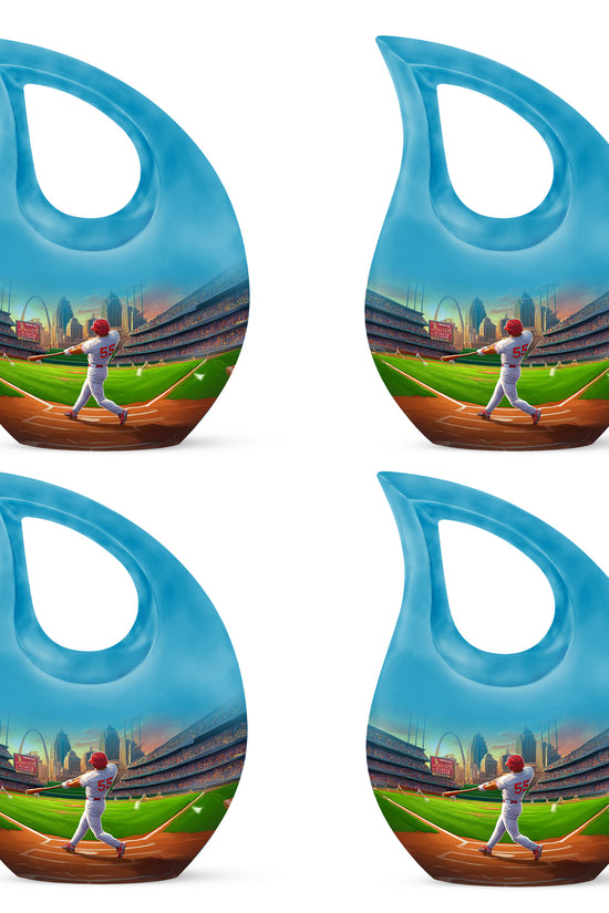 Powder Blue Baseball Cremation Urn lifestyle display on memorial shelf - sacred cross merged with baseball motif on metal - 10 inch aluminum urn for cremated remains