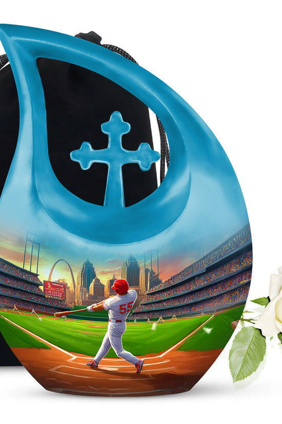 Azure Baseball Cremation Urn top-down view of secure threaded lid - cross and baseball combined in spiritual memorial design - full-size 10 inch 200 cubic inch adult cremation urn