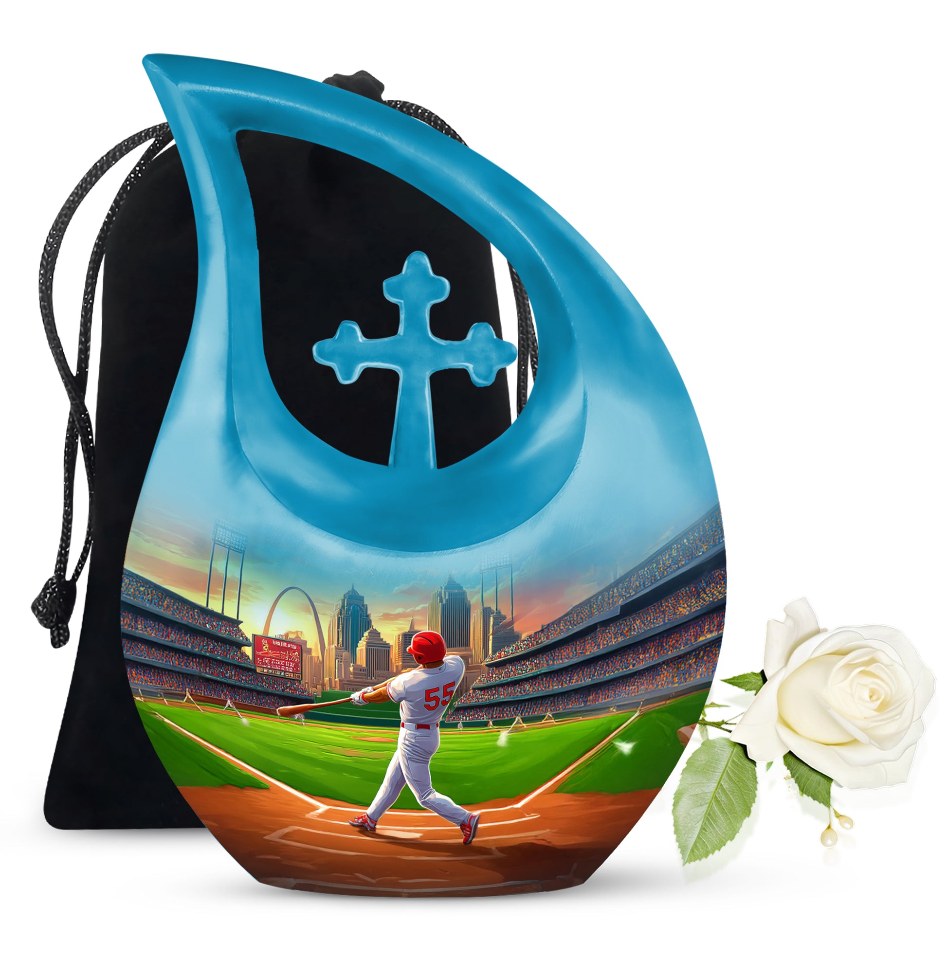 Azure Baseball Cremation Urn top-down view of secure threaded lid - cross and baseball combined in spiritual memorial design - full-size 10 inch 200 cubic inch adult cremation urn