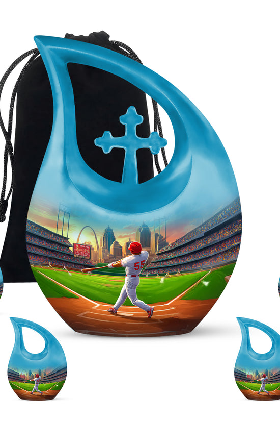 Indigo Baseball Cremation Urn urn with complimentary velvet bag - cross and baseball combined in spiritual memorial design - memorial set with one large and four small urns