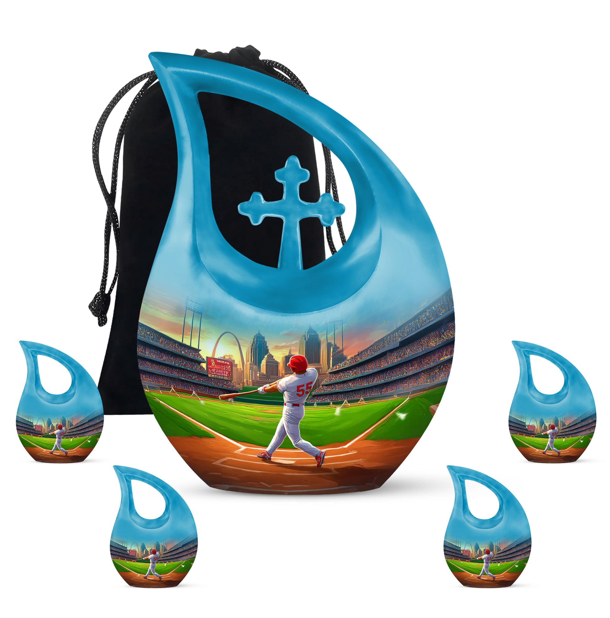 Indigo Baseball Cremation Urn urn with complimentary velvet bag - cross and baseball combined in spiritual memorial design - memorial set with one large and four small urns