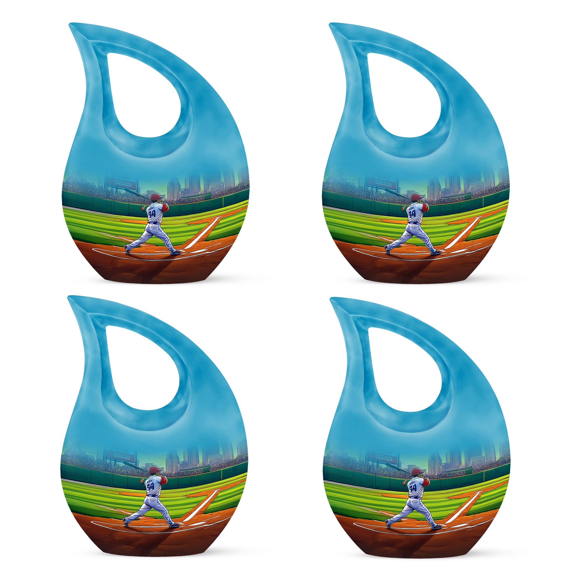 Hunter Green Baseball Cremation Urn lifestyle display on memorial shelf - faith-inspired cross-drop urn with baseball pattern - 10 inch aluminum urn for cremated remains