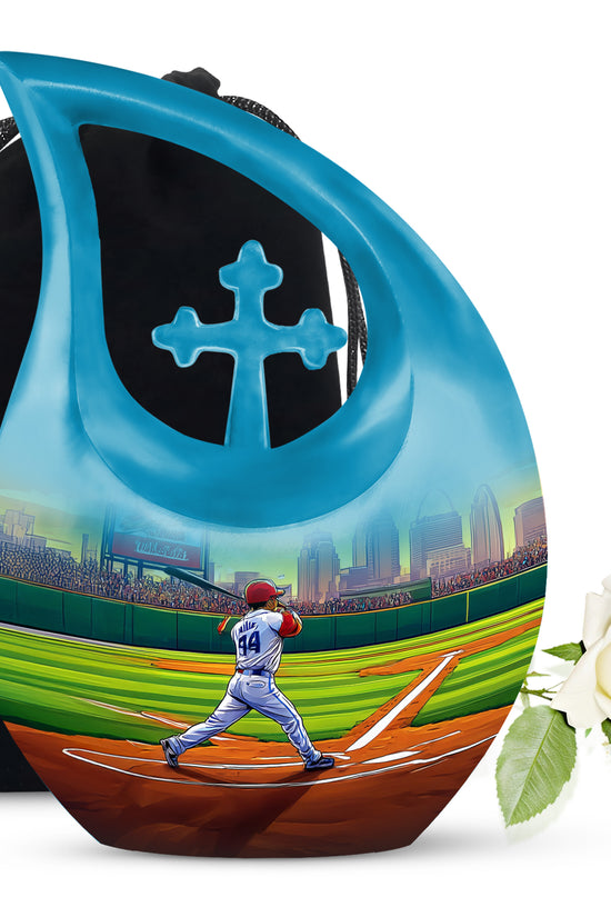 Sage Green Baseball Cremation Urn top-down view of secure threaded lid - sacred cross merged with baseball motif on metal - full-size 10 inch 200 cubic inch adult cremation urn