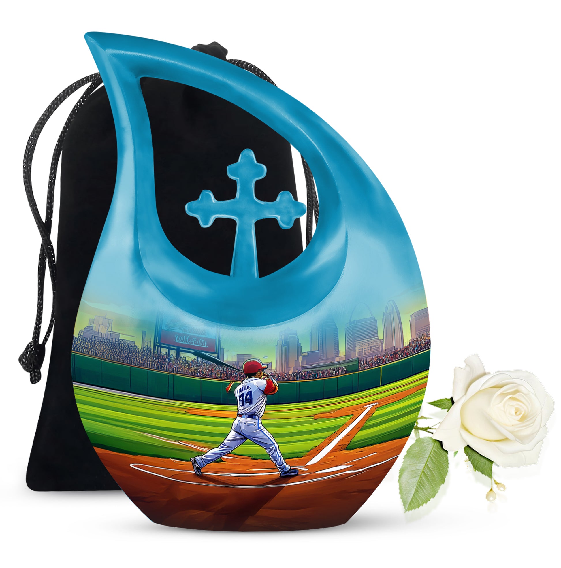 Sage Green Baseball Cremation Urn top-down view of secure threaded lid - sacred cross merged with baseball motif on metal - full-size 10 inch 200 cubic inch adult cremation urn